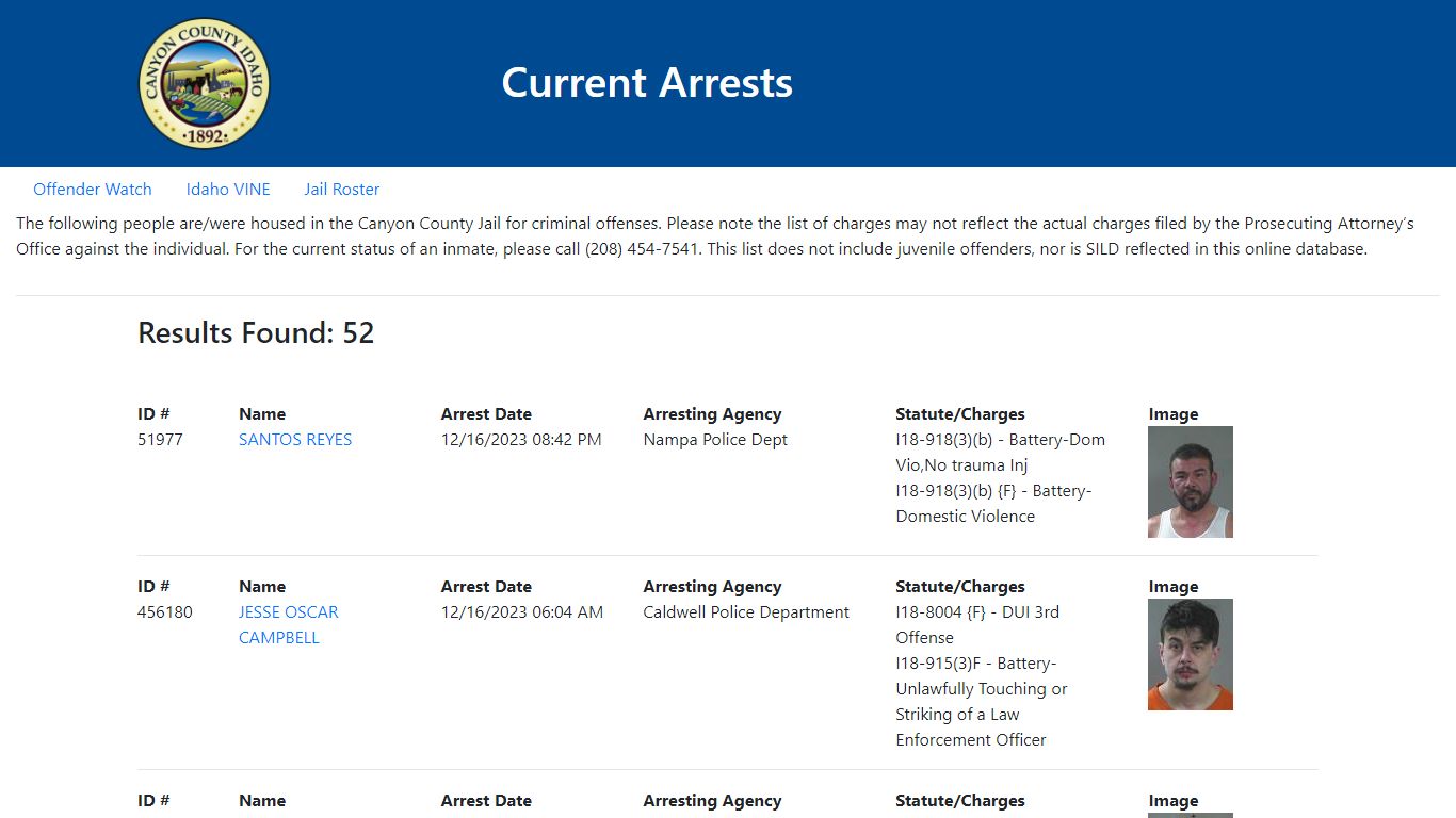 Current Arrests - Id